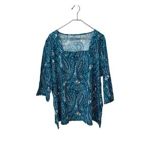Catherines Suprema size 1X Turquoise Paisley Square Neck 3/4 Sleeve Top